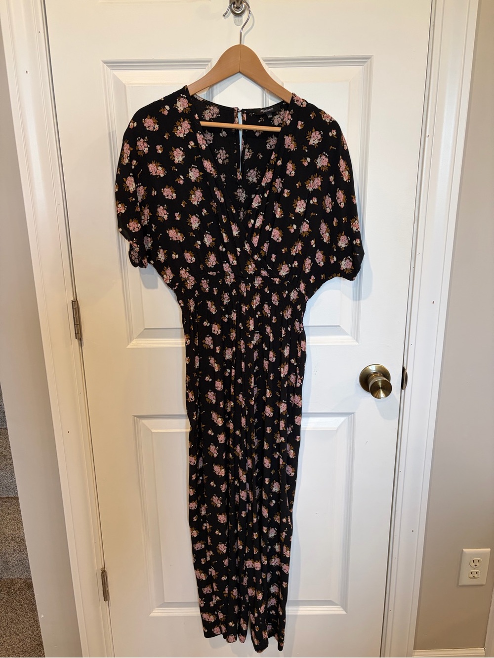 Madewell Black Floral Jumpsuit with Pink Print